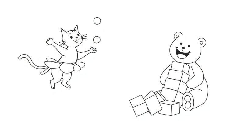 Dessin au trait d'un chat jongleur en tutu et d'un ours en peluche avec des blocs.