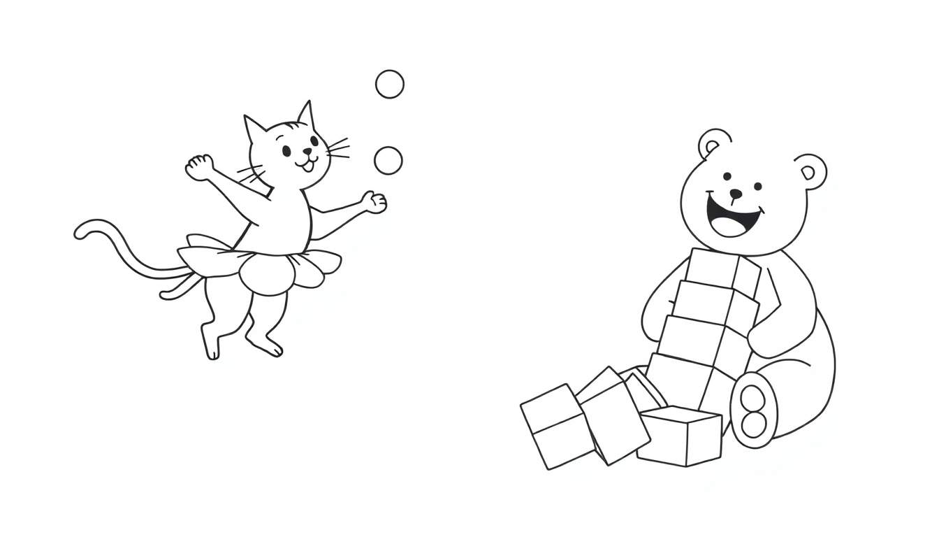 Dessin au trait d'un chat jongleur en tutu et d'un ours en peluche avec des blocs.