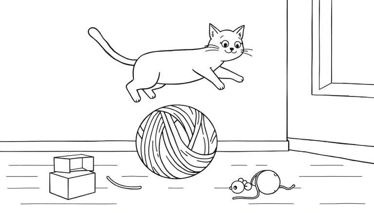 Dessin au trait d'un chat sautant par-dessus une pelote de laine, avec des jouets et une fenêtre.