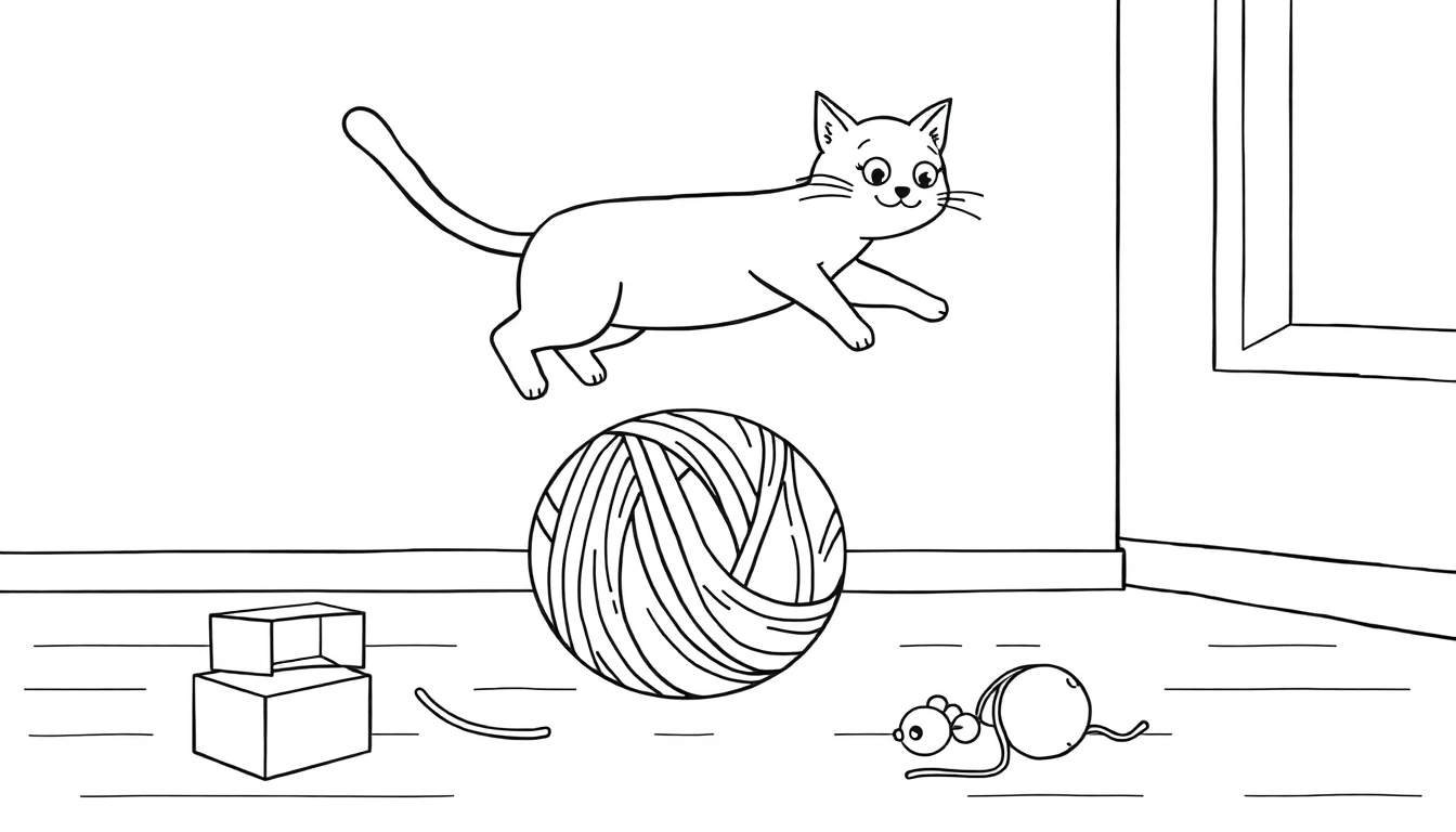 Dessin au trait d'un chat sautant par-dessus une pelote de laine, avec des jouets et une fenêtre.