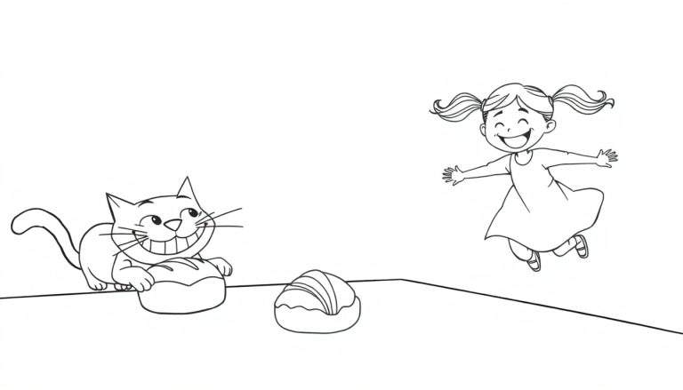 Dessin au trait noir et blanc d'un chat souriant à côté d'un petit pain, et une petite fille joyeuse sautant à droite.