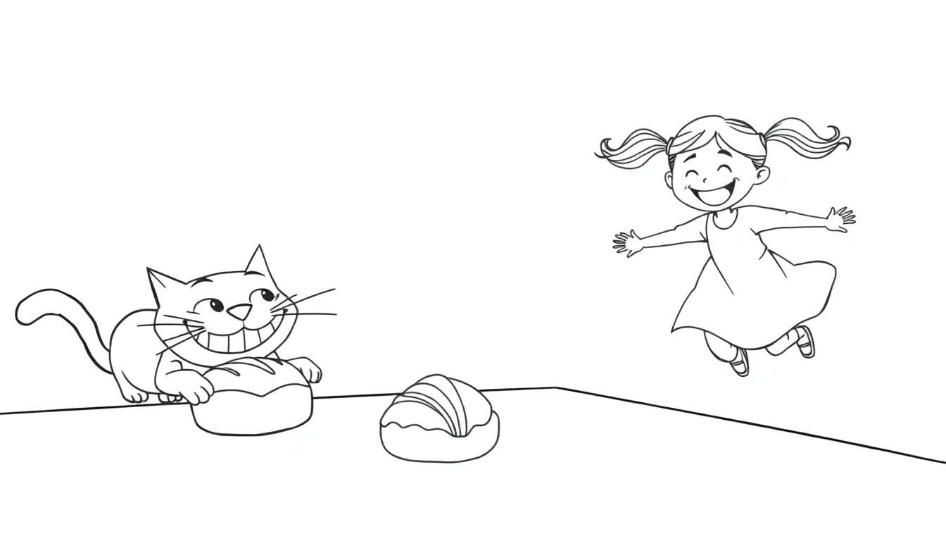 Dessin au trait noir et blanc d'un chat souriant à côté d'un petit pain, et une petite fille joyeuse sautant à droite.