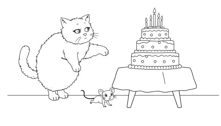 Coloriage d'un chat et d'une souris devant un gâteau d'anniversaire