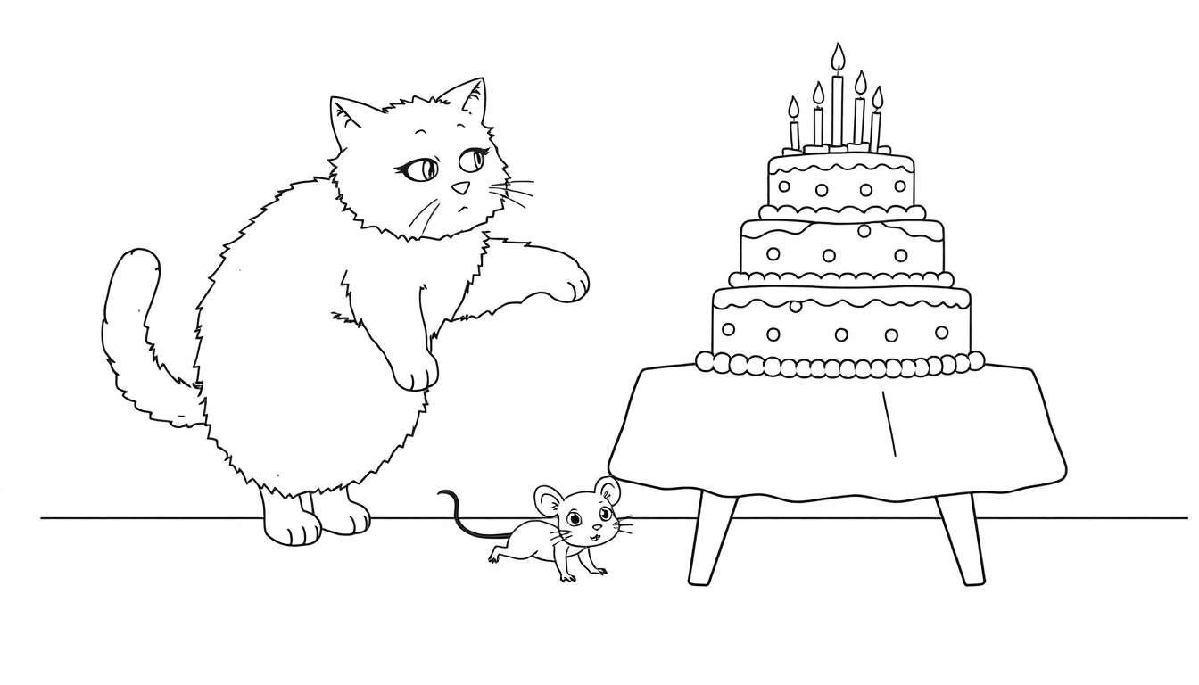 Coloriage d'un chat et d'une souris devant un gâteau d'anniversaire