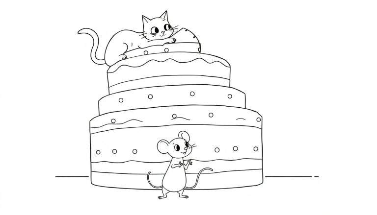 Coloriage d'un chat sur un gâteau avec une souris