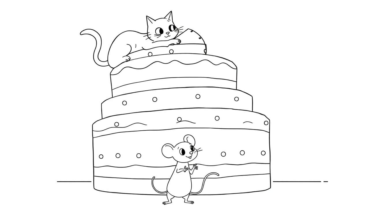 Coloriage d'un chat sur un gâteau avec une souris