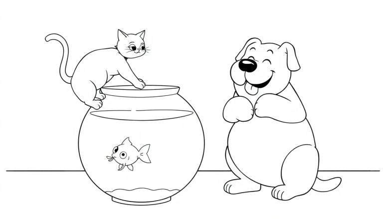 Coloriage d'un chat noir et blanc, d'un chien noir et blanc et d'un poisson rouge dans un aquarium.