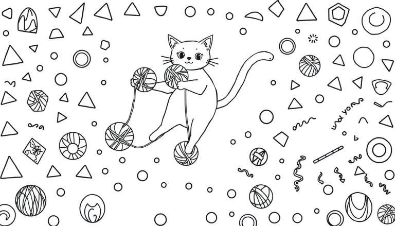Coloriage d'un chat mignon jouant avec des pelotes de laine, entouré de triangles, cercles, losanges, hexagones, demi-lunes, spirales et ornements.