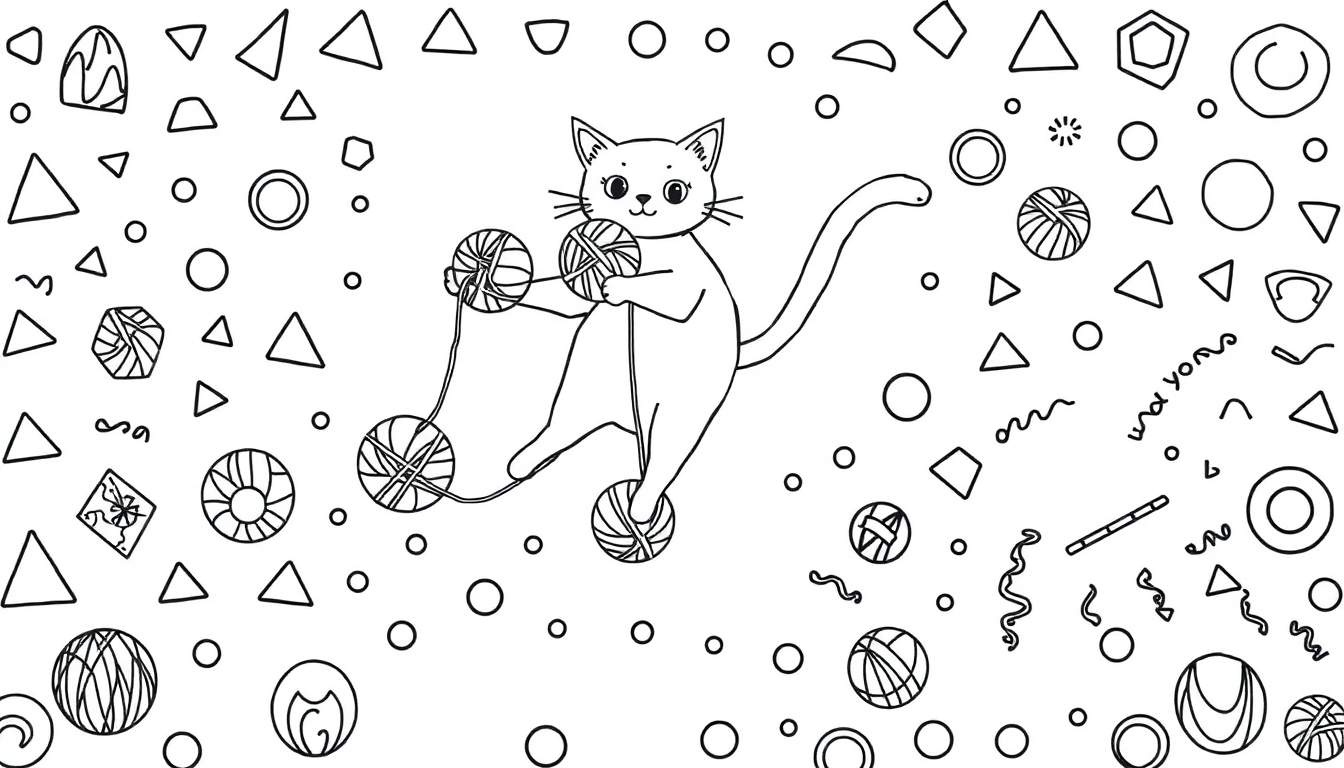 Coloriage d'un chat mignon jouant avec des pelotes de laine, entouré de triangles, cercles, losanges, hexagones, demi-lunes, spirales et ornements.