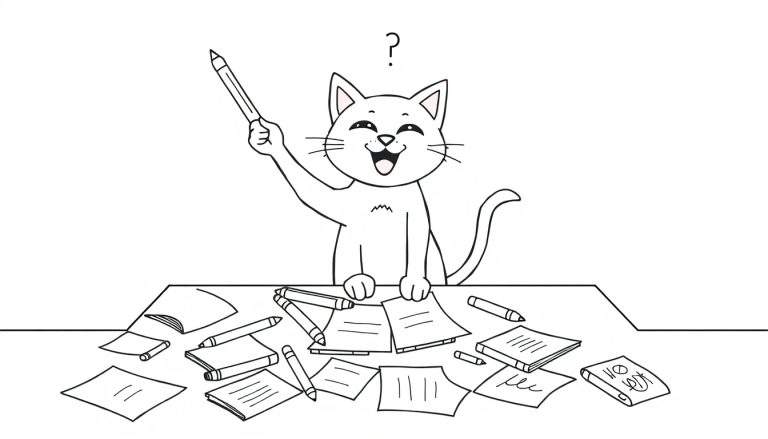 Dessin au trait d'un chat blanc de dessin animé surpris, les yeux fermés et la bouche ouverte, assis à un bureau rempli de matériel d'écriture, avec un point d'interrogation au-dessus de sa tête.