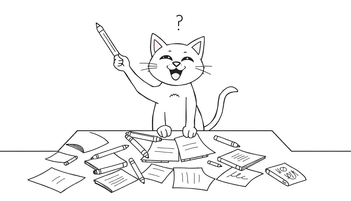 Dessin au trait d'un chat blanc de dessin animé surpris, les yeux fermés et la bouche ouverte, assis à un bureau rempli de matériel d'écriture, avec un point d'interrogation au-dessus de sa tête.