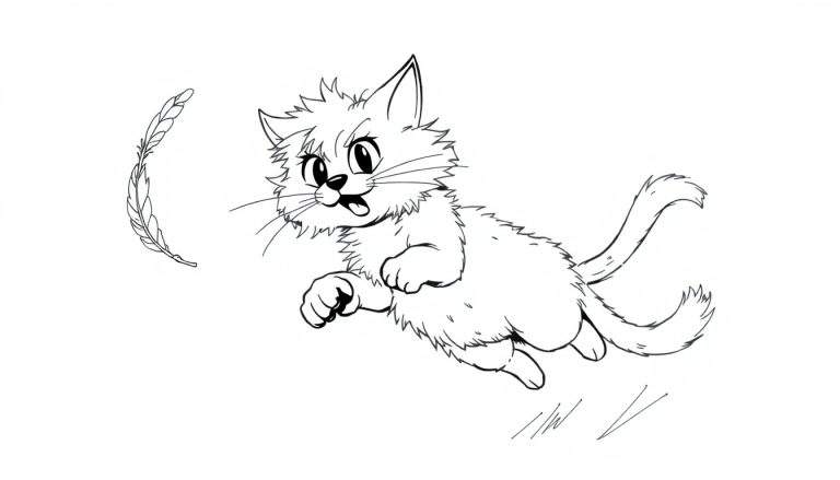 Dessin au trait d'un chaton sautant pour attraper une plume.