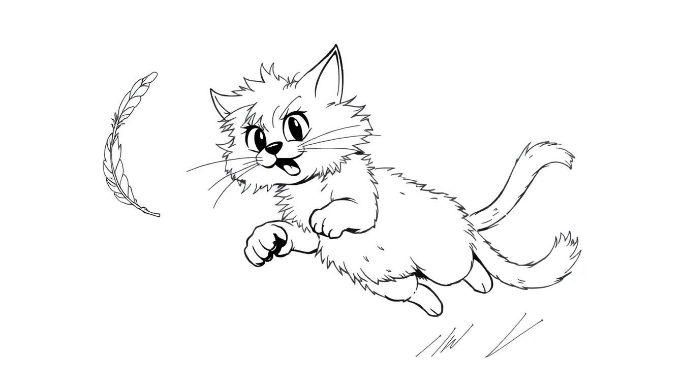 Dessin au trait d'un chaton sautant pour attraper une plume.
