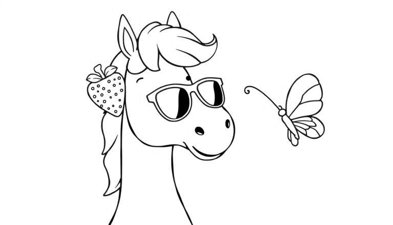 Dessin au trait d'un cheval portant des lunettes de soleil, avec une fraise accrochée à son oreille gauche et un papillon volant près de sa tête.