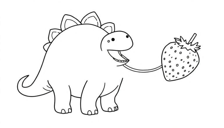 Dessin au trait d'un stégosaure avec la bouche ouverte, sa langue s'étirant vers une fraise. Coloriage pour enfants.