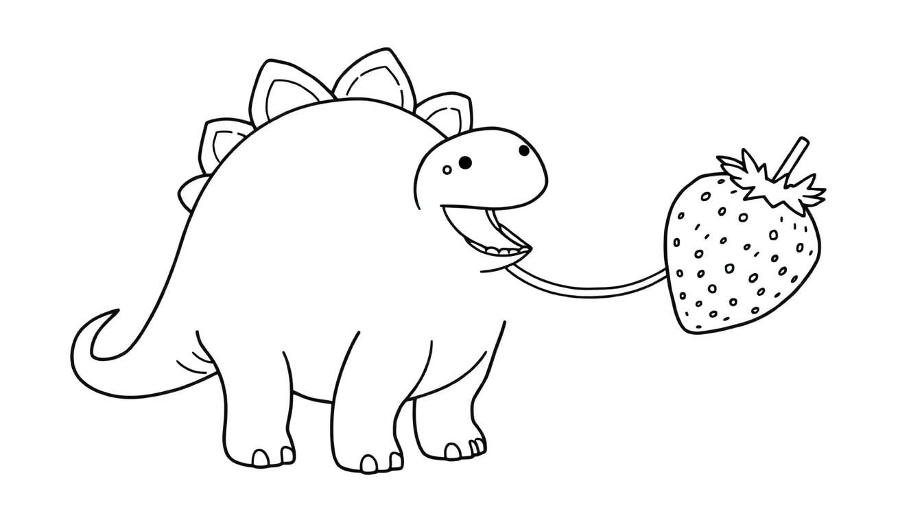 Dessin au trait d'un stégosaure avec la bouche ouverte, sa langue s'étirant vers une fraise. Coloriage pour enfants.