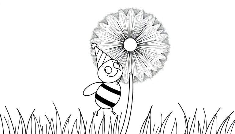 Coloriage d'une abeille souriante avec un chapeau de fête soufflant sur un pissenlit prêt à s'envoler.
