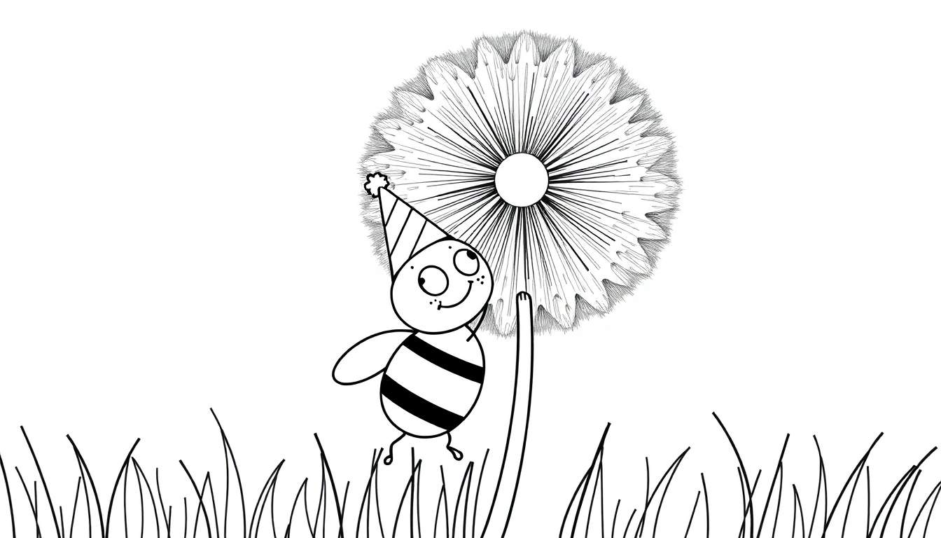 Coloriage d'une abeille souriante avec un chapeau de fête soufflant sur un pissenlit prêt à s'envoler.