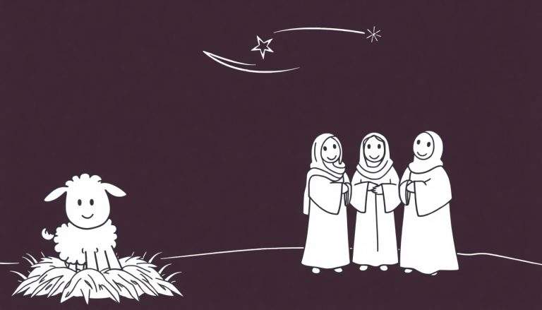 Illustration de coloriage avec un agneau blanc, trois personnes en robes et hijabs blancs, et une étoile filante sur fond violet.