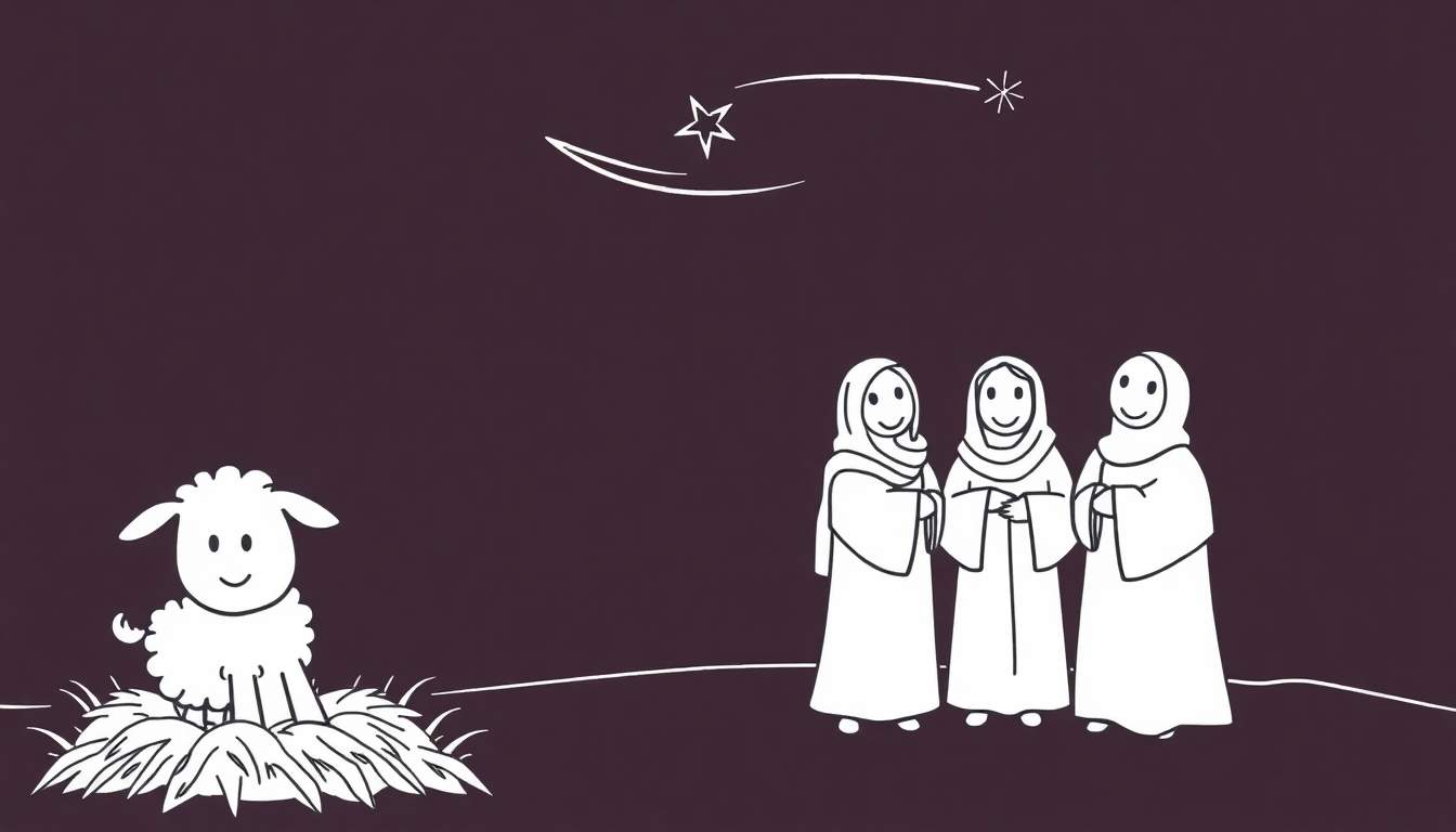 Illustration de coloriage avec un agneau blanc, trois personnes en robes et hijabs blancs, et une étoile filante sur fond violet.