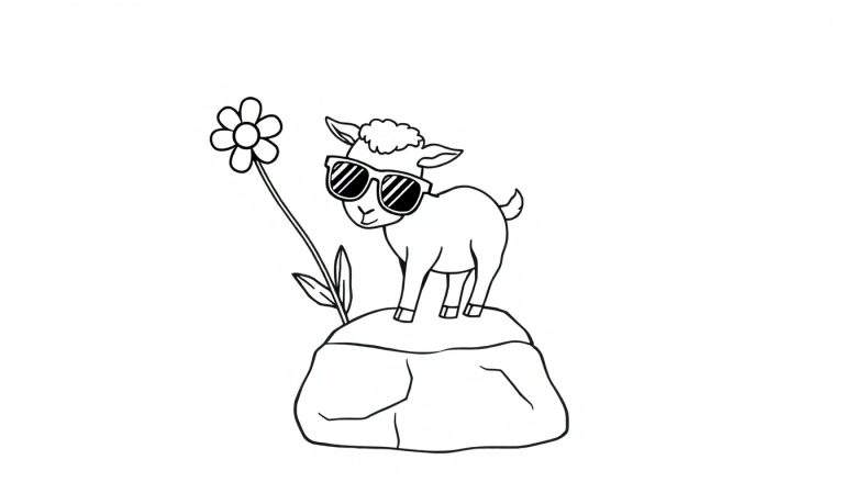 Dessin au trait d'un petit agneau portant des lunettes de soleil et des lunettes de soleil, debout sur un rocher à côté d'une fleur. Page de coloriage.