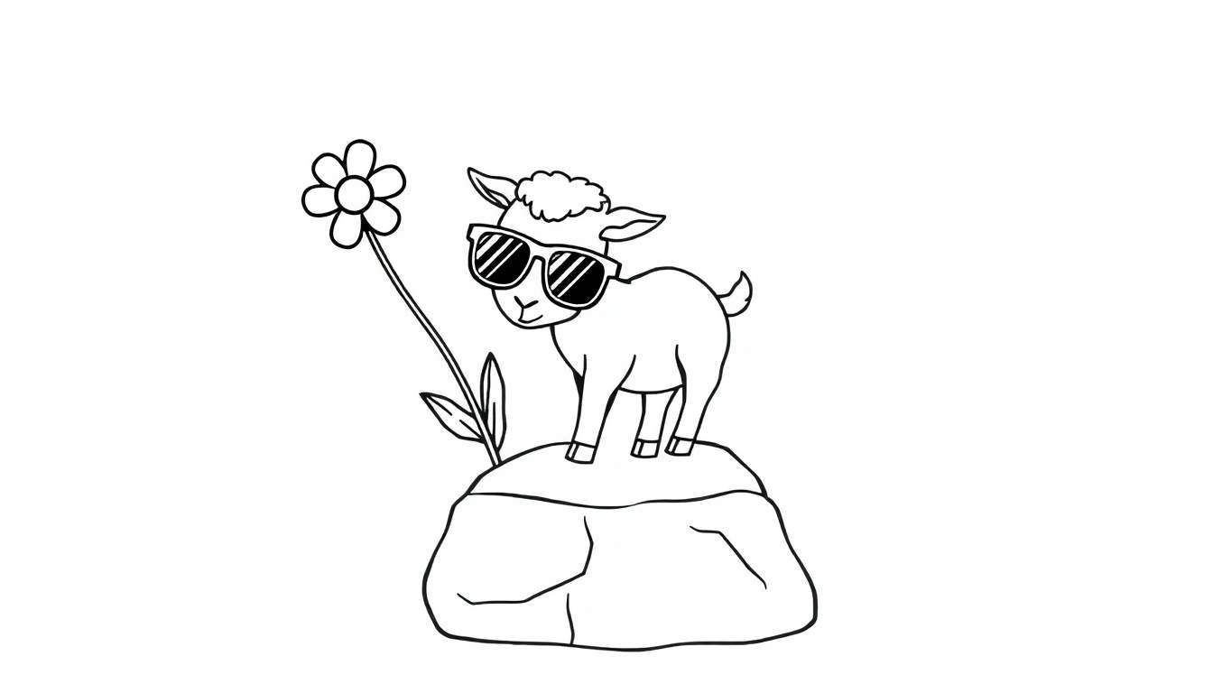Dessin au trait d'un petit agneau portant des lunettes de soleil et des lunettes de soleil, debout sur un rocher à côté d'une fleur. Page de coloriage.