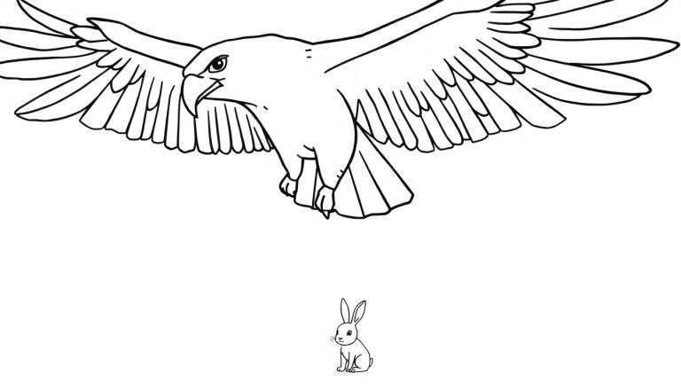 Coloriage d'un aigle en plein vol regardant un petit lapin assis