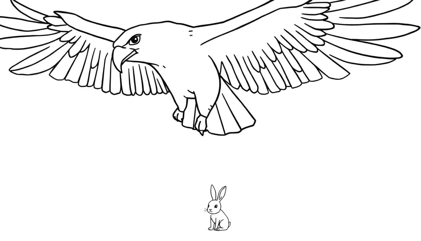 Coloriage d'un aigle en plein vol regardant un petit lapin assis