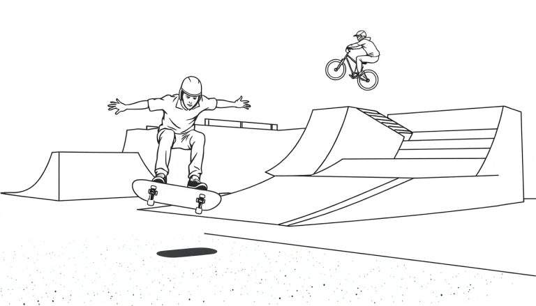 Coloriage d'une aire de patinage avec un jeune homme faisant du skateboard en plein saut et un rider BMX en l'air sur une rampe.
