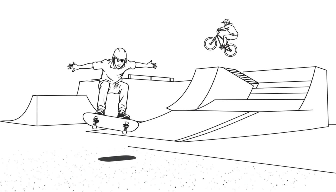 Coloriage d'une aire de patinage avec un jeune homme faisant du skateboard en plein saut et un rider BMX en l'air sur une rampe.