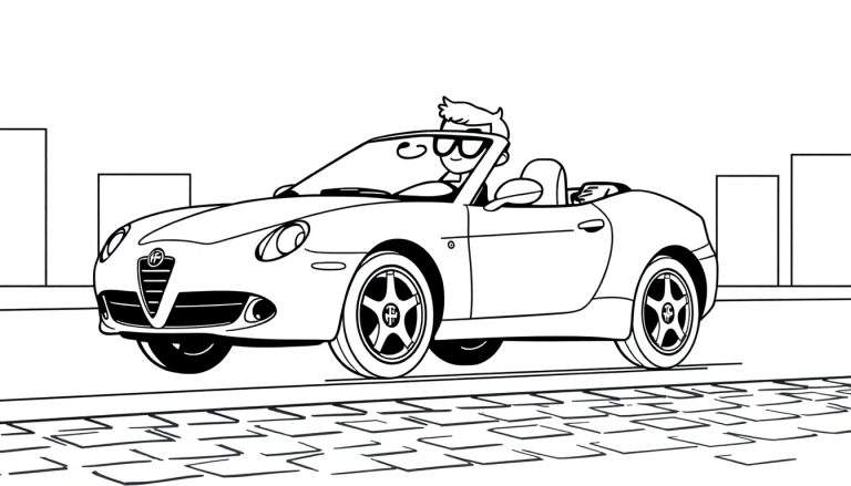 Image de coloriage représentant une voiture Alfa Romeo décapotable, conduite par un personnage avec des lunettes de soleil et des cheveux ébouriffés, sur une route pavée devant des immeubles.