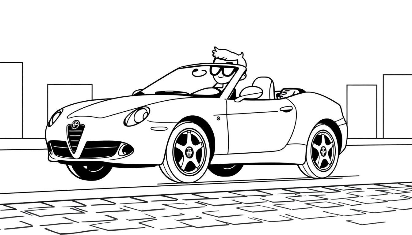 Image de coloriage représentant une voiture Alfa Romeo décapotable, conduite par un personnage avec des lunettes de soleil et des cheveux ébouriffés, sur une route pavée devant des immeubles.