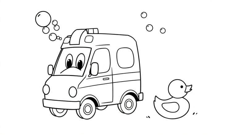 Coloriage d'une ambulance de dessin animé souriante et d'un canard en caoutchouc, avec des bulles.