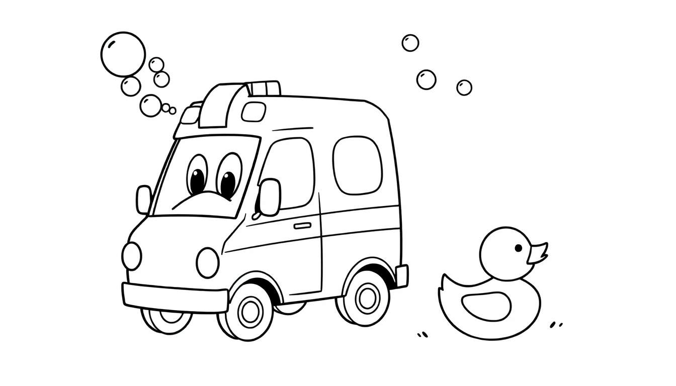 Coloriage d'une ambulance de dessin animé souriante et d'un canard en caoutchouc, avec des bulles.