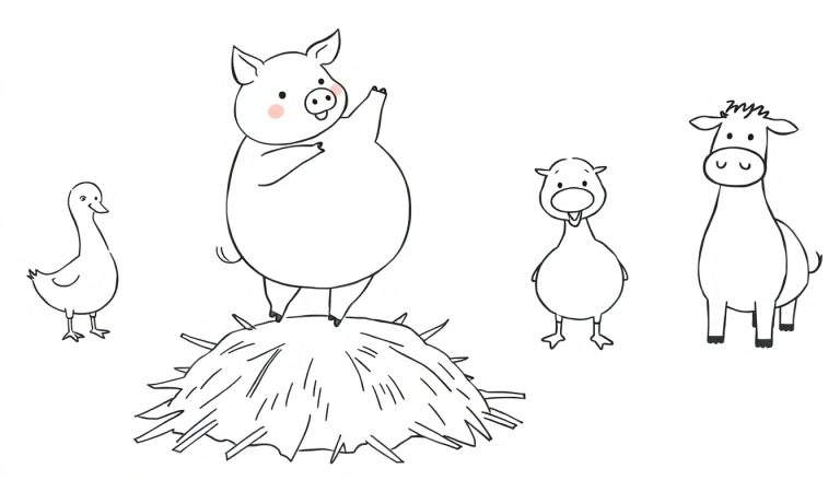 Coloriage d'un cochon rose sur du foin, avec un canard, une oie et un cheval autour.