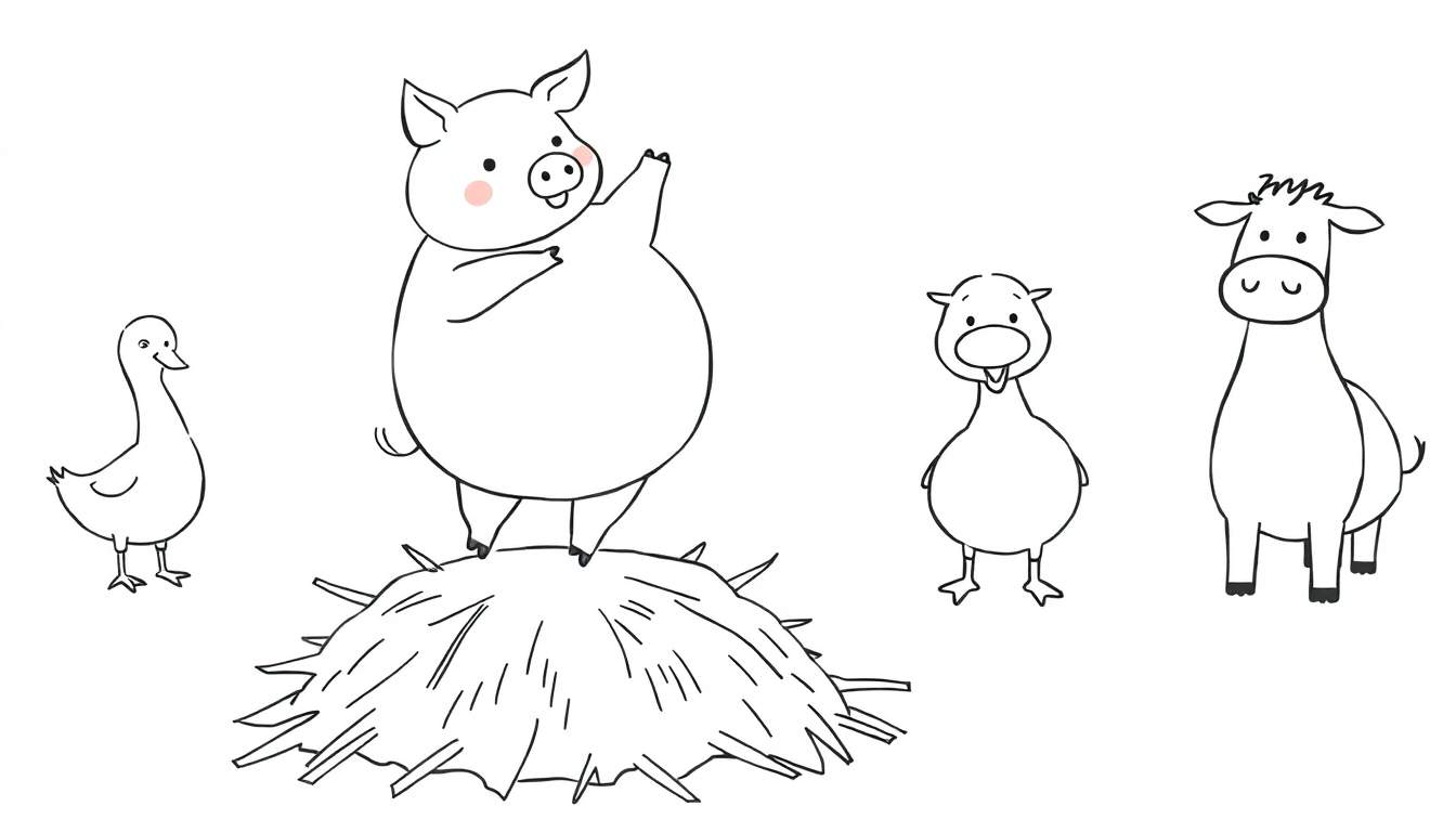 Coloriage d'un cochon rose sur du foin, avec un canard, une oie et un cheval autour.