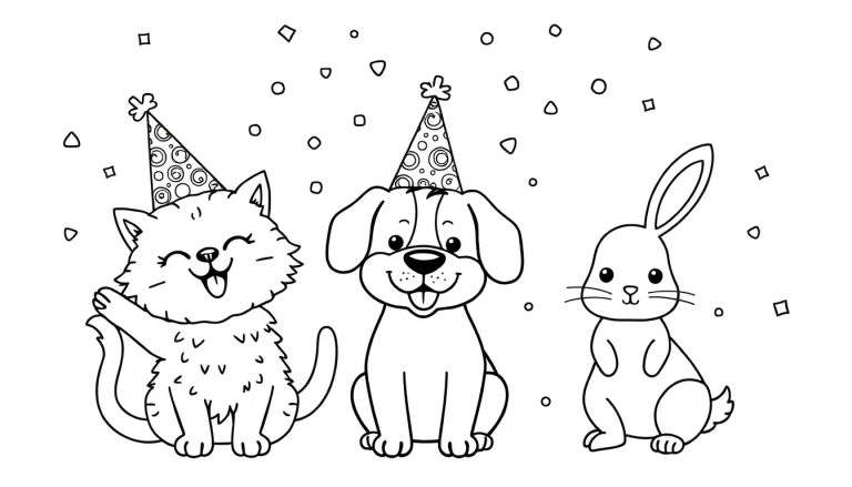 Coloriage d'un chat, d'un chien et d'un lapin célébrant une fête avec des chapeaux et des confettis.
