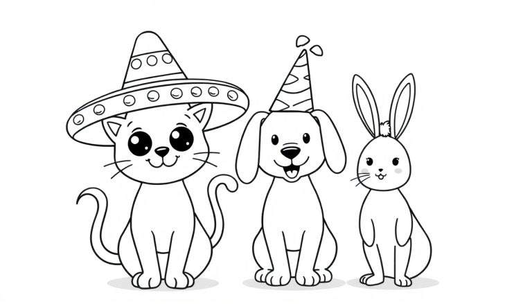 Coloriage d'un chat avec un sombrero, d'un chien avec un chapeau de fête et d'un lapin, tous souriants et assis.