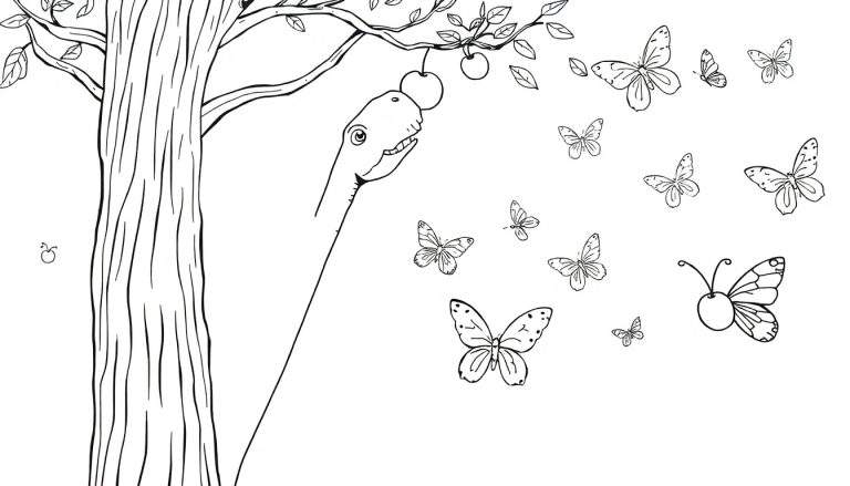 Dessin au trait noir et blanc d'un arbre fantaisiste avec une créature à long cou mangeant une pomme, entouré de papillons de différentes tailles et de feuilles.