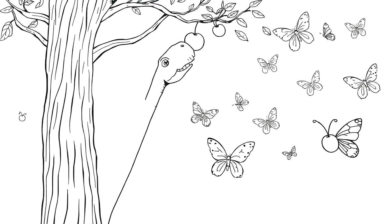 Dessin au trait noir et blanc d'un arbre fantaisiste avec une créature à long cou mangeant une pomme, entouré de papillons de différentes tailles et de feuilles.