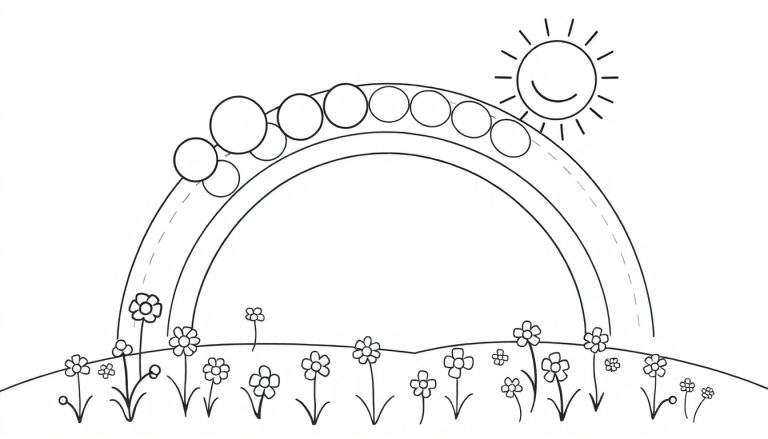 Dessin en noir et blanc d'un arc-en-ciel simple, d'un soleil souriant, d'une colline avec des fleurs et de bulles, idéal pour le coloriage.