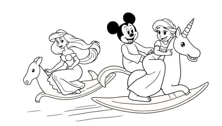 Coloriage de Ariel, Mickey Mouse et une princesse sur des jouets à bascule.