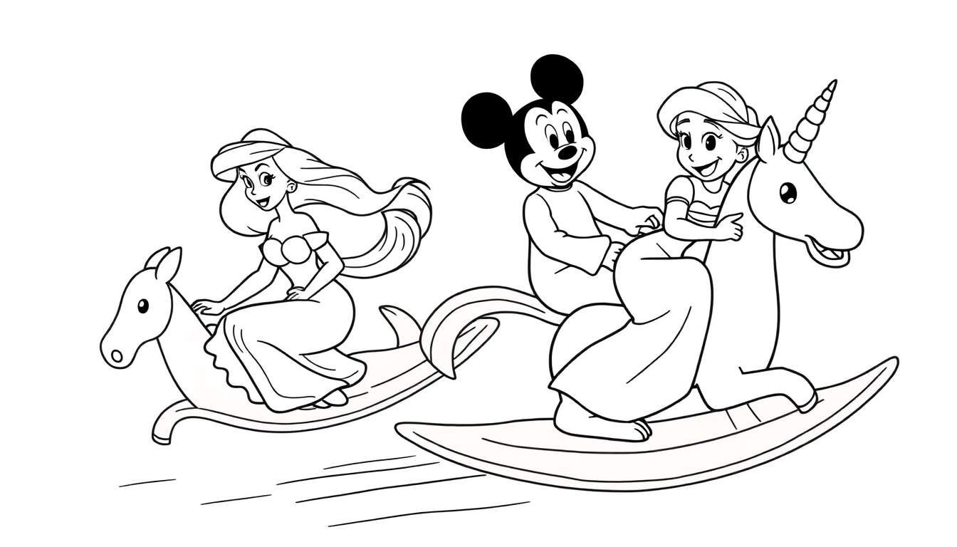Coloriage de Ariel, Mickey Mouse et une princesse sur des jouets à bascule.