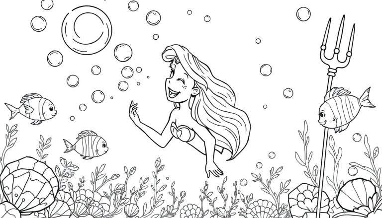Coloriage d'Ariel la Petite Sirène joyeuse dans l'océan, entourée de bulles, poissons, végétation marine et coquillages. Un trident est à droite.