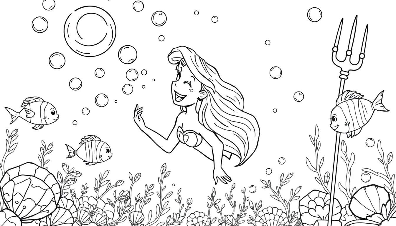 Coloriage d'Ariel la Petite Sirène joyeuse dans l'océan, entourée de bulles, poissons, végétation marine et coquillages. Un trident est à droite.