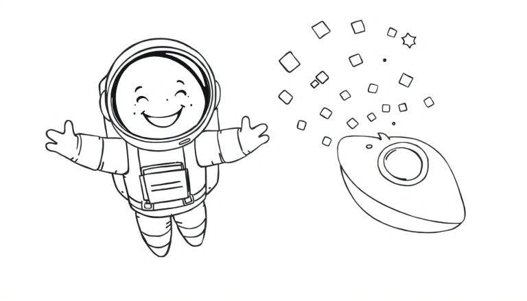Dessin en noir et blanc d'un astronaute de dessin animé joyeux avec les bras ouverts, flottant dans l'espace à côté d'une petite soucoupe volante avec des effets de mouvement.