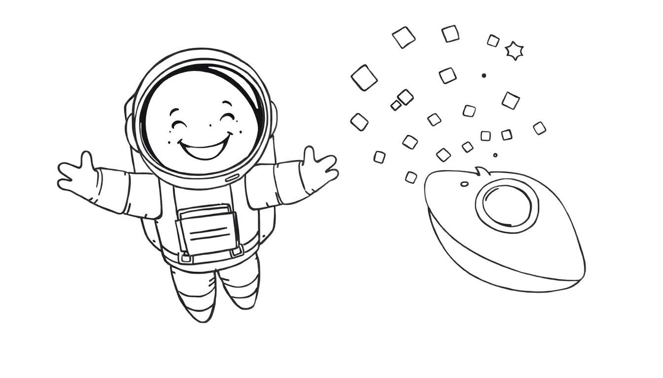 Dessin en noir et blanc d'un astronaute de dessin animé joyeux avec les bras ouverts, flottant dans l'espace à côté d'une petite soucoupe volante avec des effets de mouvement.