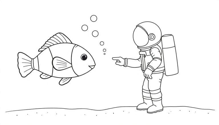 Dessin au trait d'un astronaute en combinaison spatiale pointant vers un poisson-clown avec des bulles.