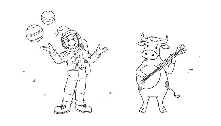 Coloriage d'un astronaute jonglant avec des balles devant une vache jouant de la guitare dans l'espace étoilé.