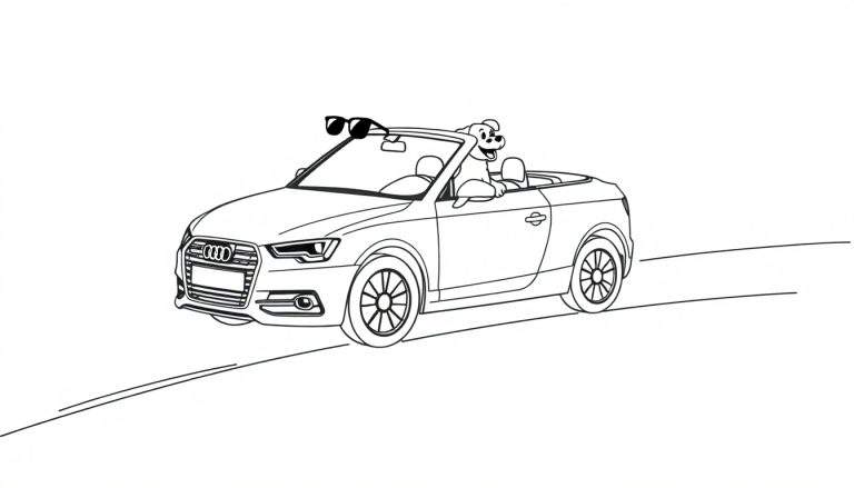 Coloriage d'une voiture décapotable Audi avec un chien souriant sur le siège passager.